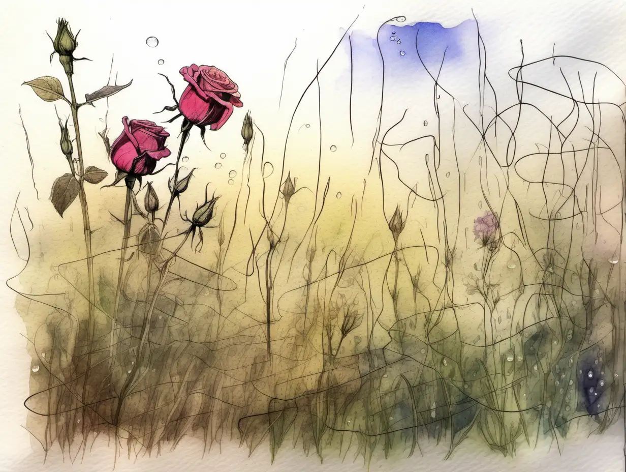  field sketch of meadow with wilted flowers only one rose retains its colour by a sunbeam and a raindrop thin lines water colour 
