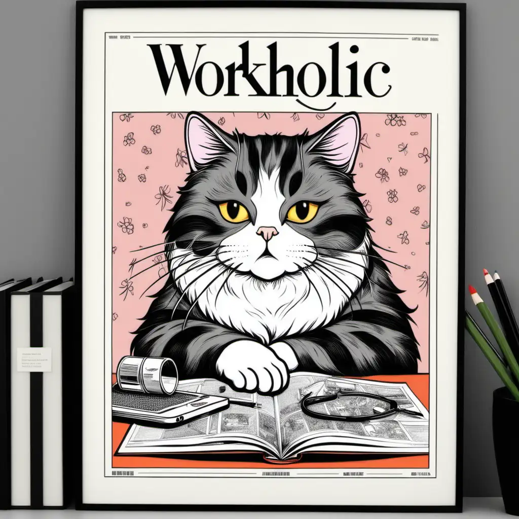 poster WORKHOLIC CAT old cover  hand colouring magazine aesthetic 