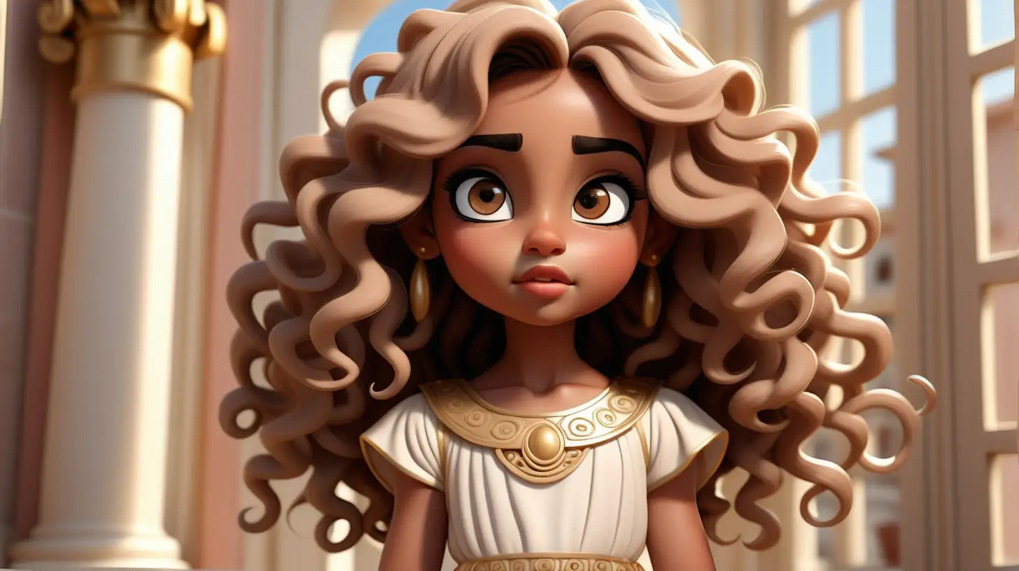 A beautiful 7 year old girl, cute, light brown skin, big light hazel eyes long black eyelashes, blush,beautiful lips, round face, standing, white and gold greek goddess outfit, greek palace, tall windows,  extremely long brown detailed curly hair, disney style, cartoon character, sunbeams of light surrounding her looking forward
