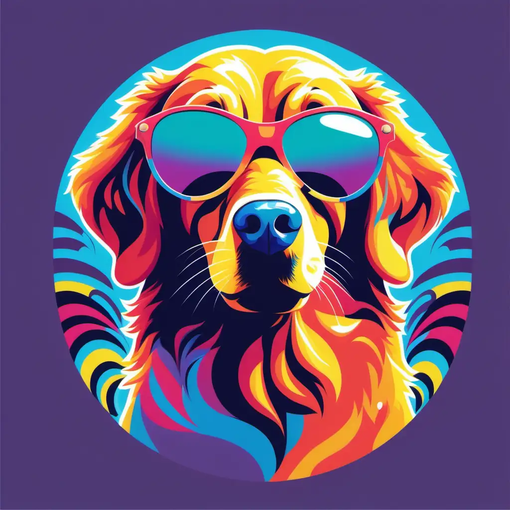 psychedelic style, retriever, dog, sunglasses, flat vector, colorful, isolated on a white background