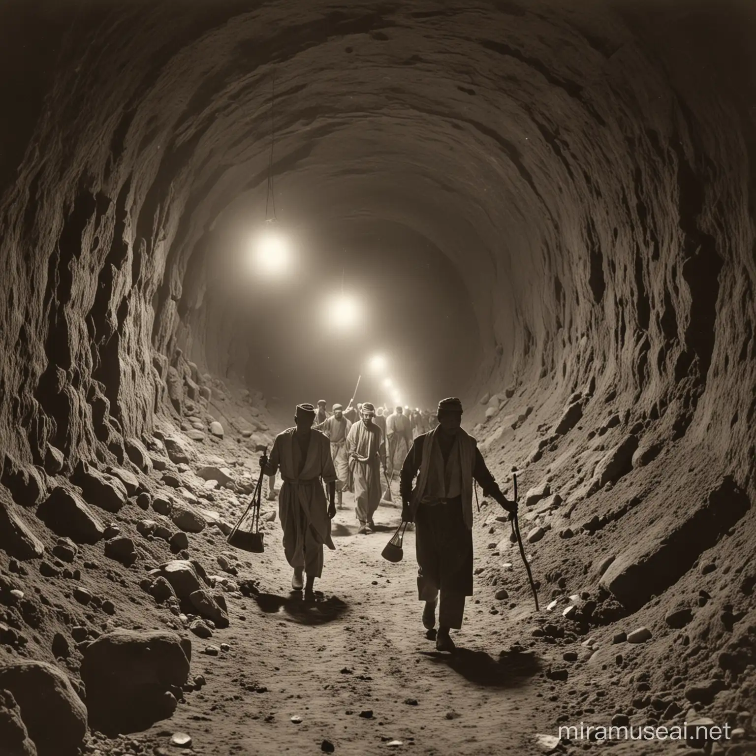 old photograph of egyptain workers using lanterns to illuminate a dark tunnel beneath the ground desert. They are carrying shovels and old digging equipment