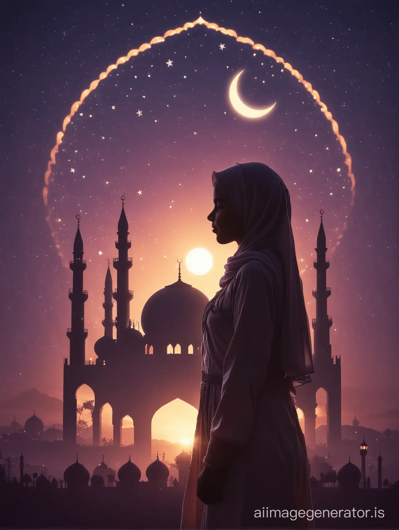 Young-Muslim-Girl-Celebrating-Eid-with-Crescent-Moon-and-Mosque-Silhouette