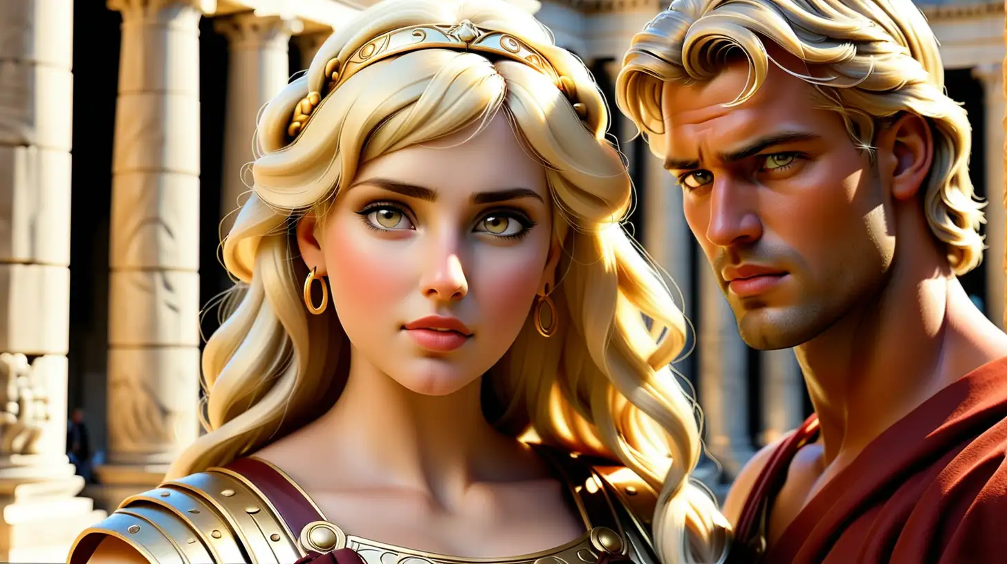 Beautiful blonde roman woman with a handsome man looking at her
