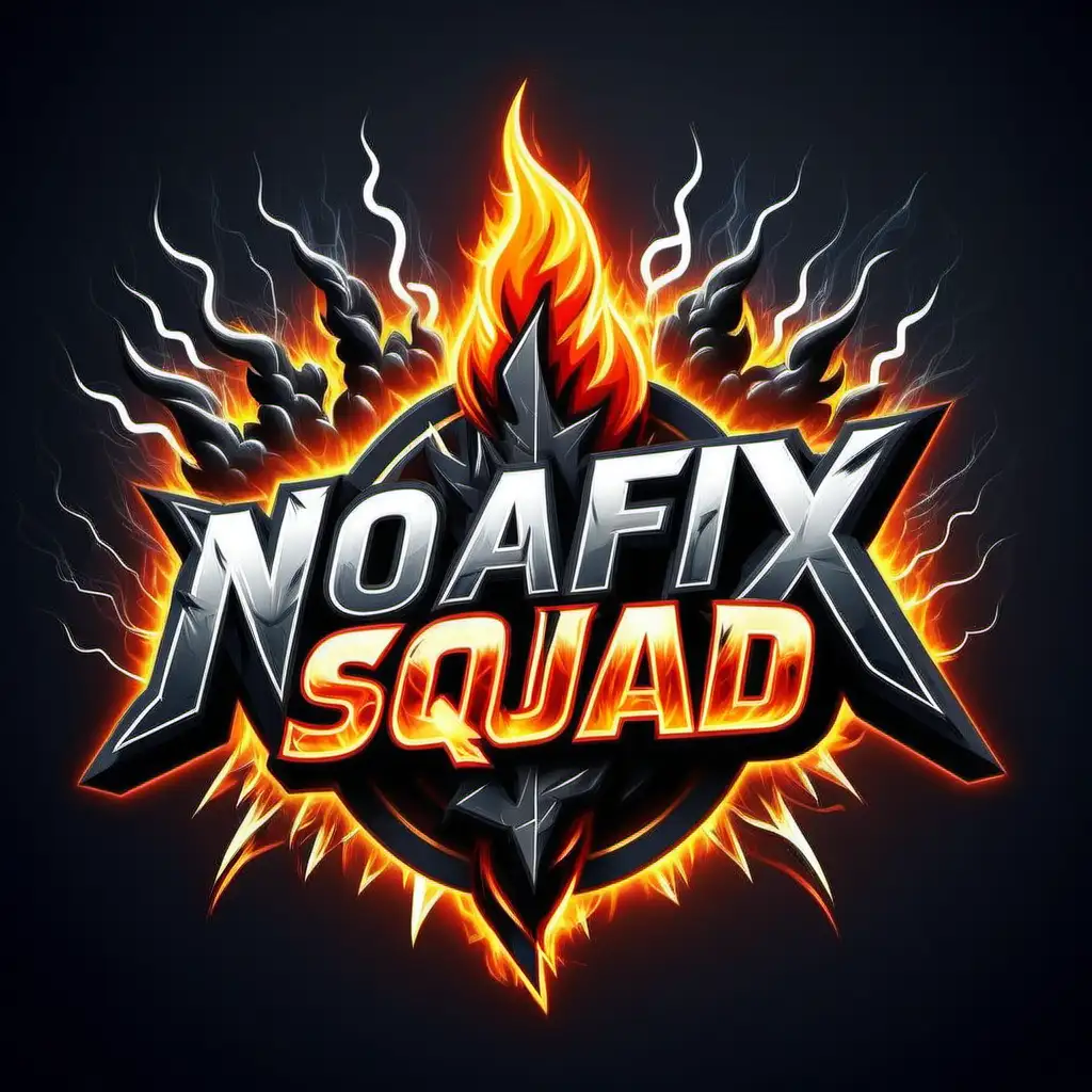 Dynamic profesjonalne logo napis, " NOAFIX_SQUAD", logo with strong lightning, fire and smoke, exuding energy and intensity.