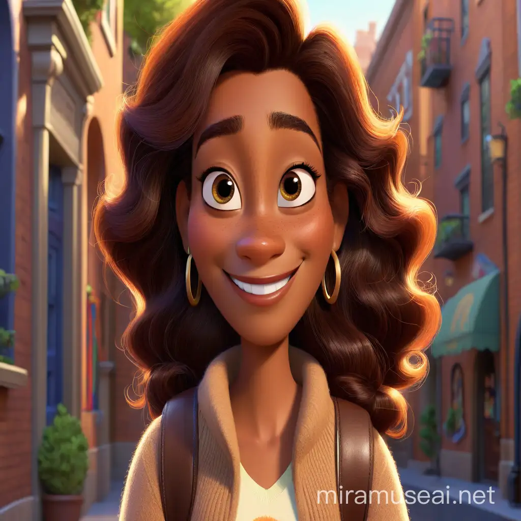 A pixar style cartoon looking beautiful young woman, She is brown skinned, she is smiling 


