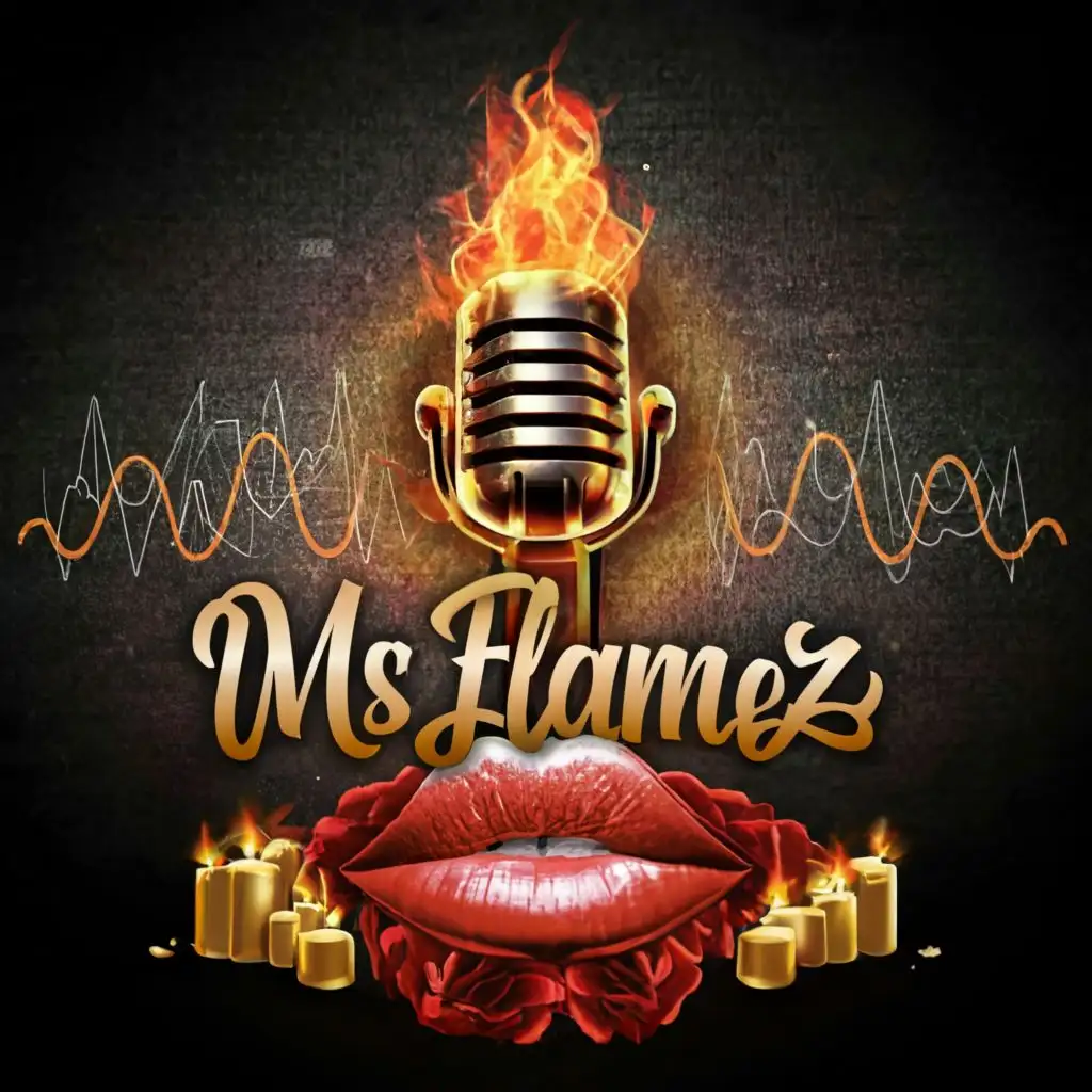 logo, microphone, soundwaves like realistic flames, realistic fire, roses, candles, green flowers, 3d, rose pink glow, sexy lip, with the text "MsFlamez ASMR", typography