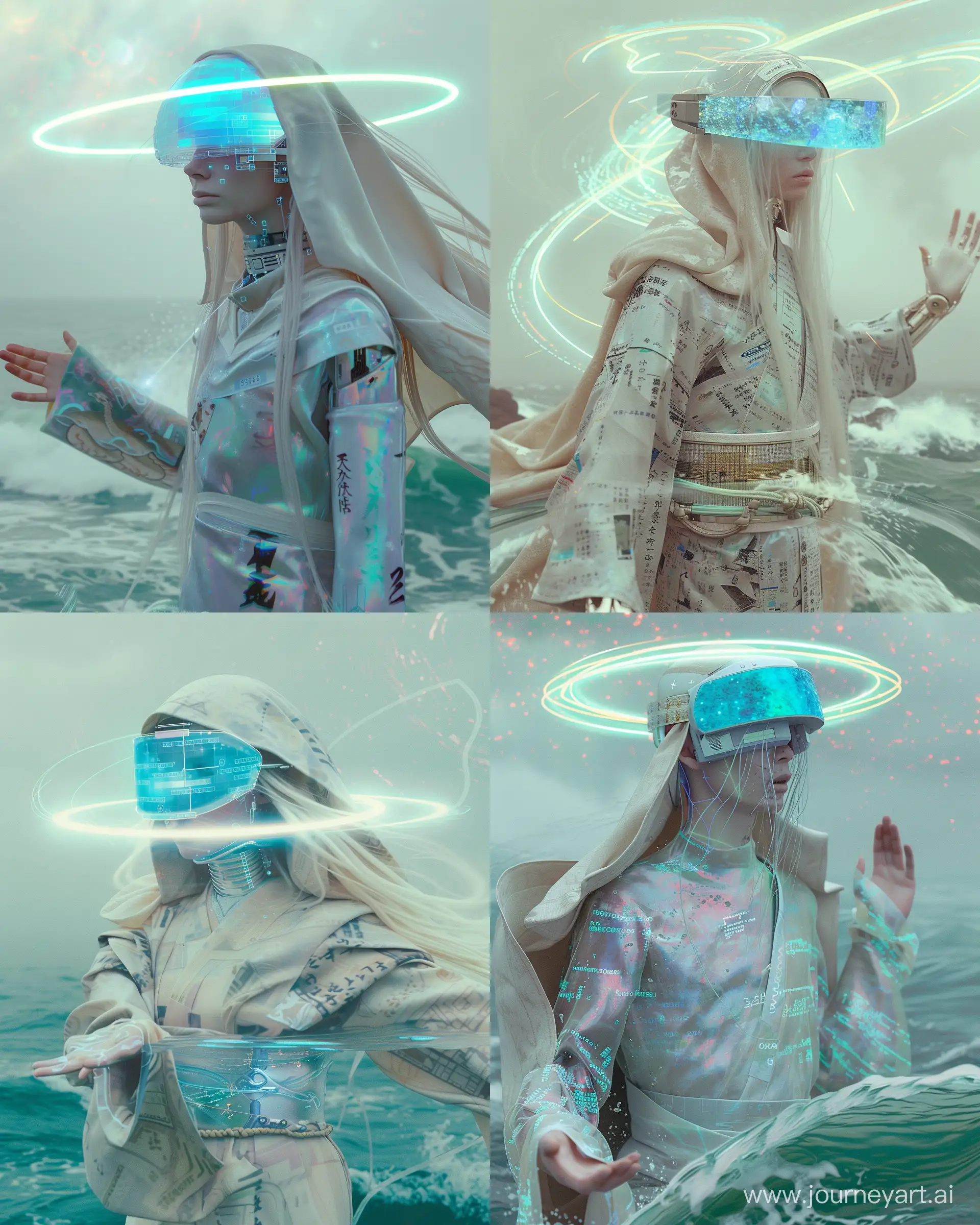 Photo-surrealism, hyper-realistic, low angle, full scene view, full body shot, cinematic, dramatic, iridescent vaporwave, muted colors, airy, wide holographic digital data halo effect over a thin cyborg-robot with translucent blue seaglass half-visor, and long pale hair, covered in glowing digital prints, wearing japanese techwear and pale robes with billowing hooded shouldercape blowing in the wind, zero gravity bending water with hand movements, levitating high in air above a raging sea, superspirituality, cosmic galaxy backgroud --v 6.0 --ar 4:5 --s 99
