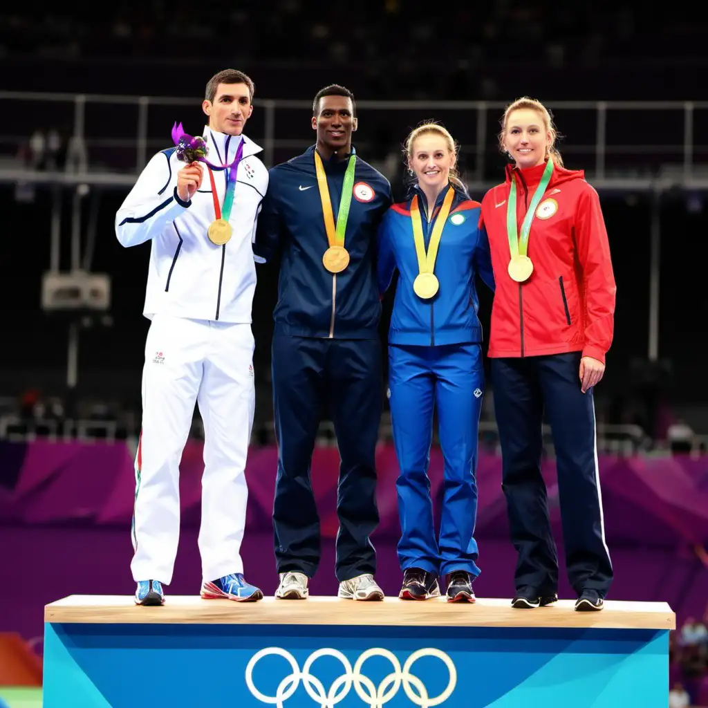 3 athletes standing at the winners podium of the olympics