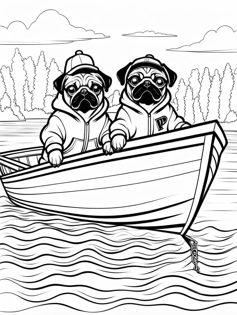black and white cartoon outline of 2 pugs dressed in a hip hop style tracksuits in a boat on a lake for a coloring book, outline only, thick black lines, solid white background, no logo