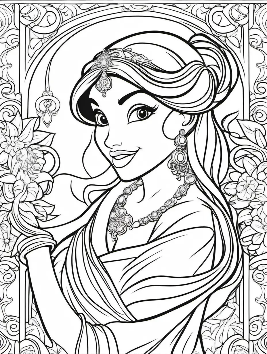 for coloring, relax pattern Disney Jasmine, line art