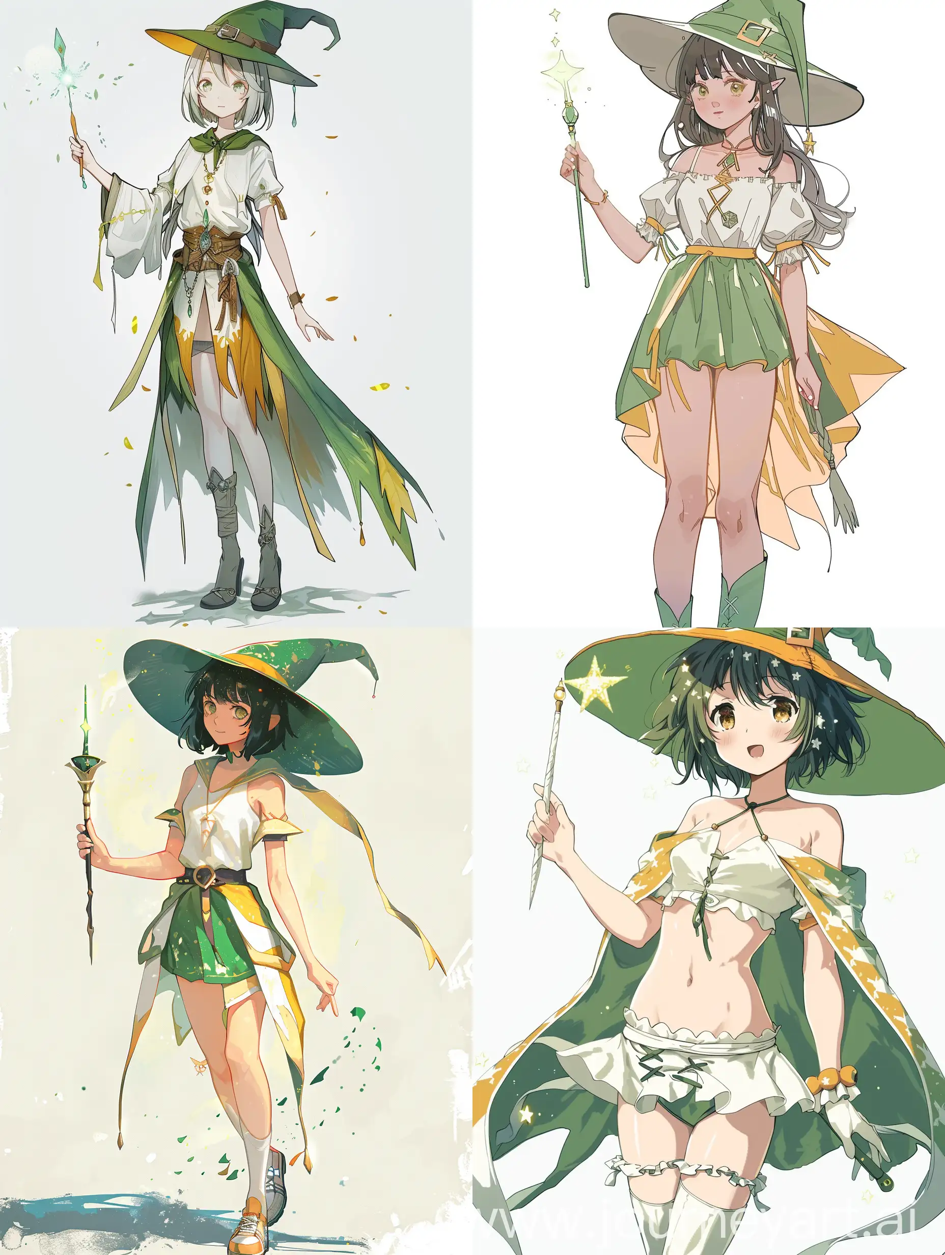 anime girl inspired by a witch outfit holding a magic wand with a simple clothing design. Approximately the girl's age is 18 years old. The color of the outfit is dominated by green, white and yellow