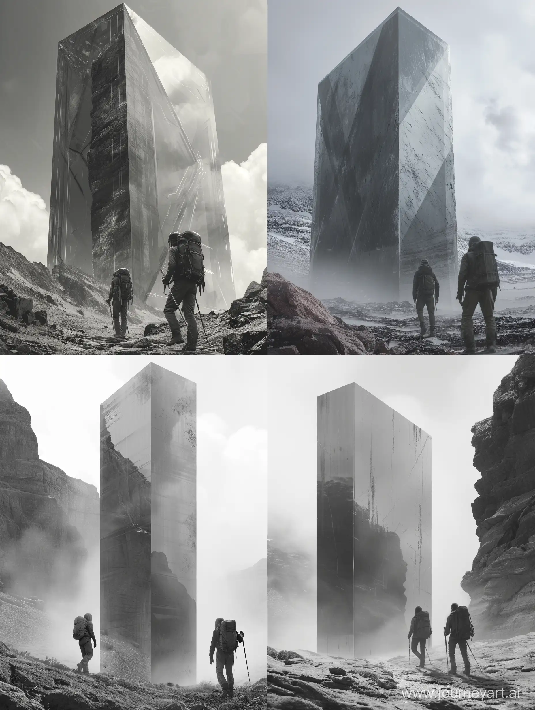 gigantic scale, two hikers approach a massive massive massive gray glass monolith, concept art, monochrome--ar 16:9