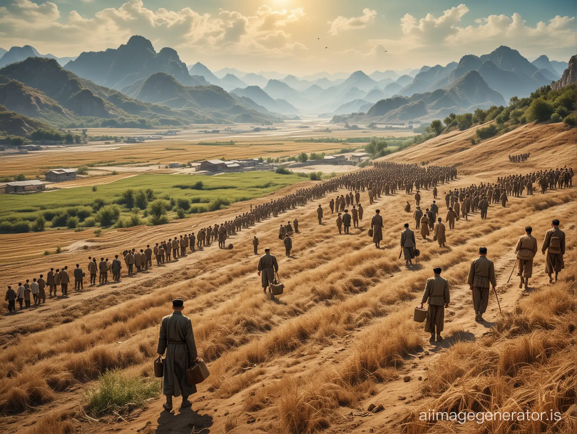 landscape background scene of people starving, north korea communist propaganda poster