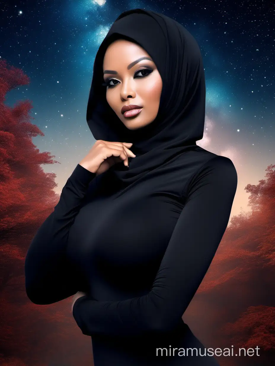 Sensual Hijab Woman in Black Jumpsuit Amidst Enchanting Forest Sky