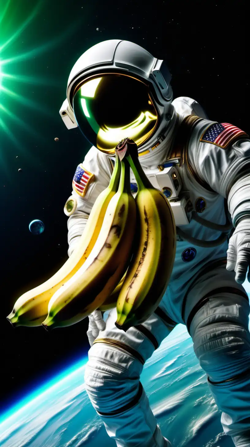 generate a image of a banana in space emiting bright green blue waves from behind and an astranout in his space suit holding it with his one hand while using the other hand to cover his helmet. hyper realistic , 8k , full clarity