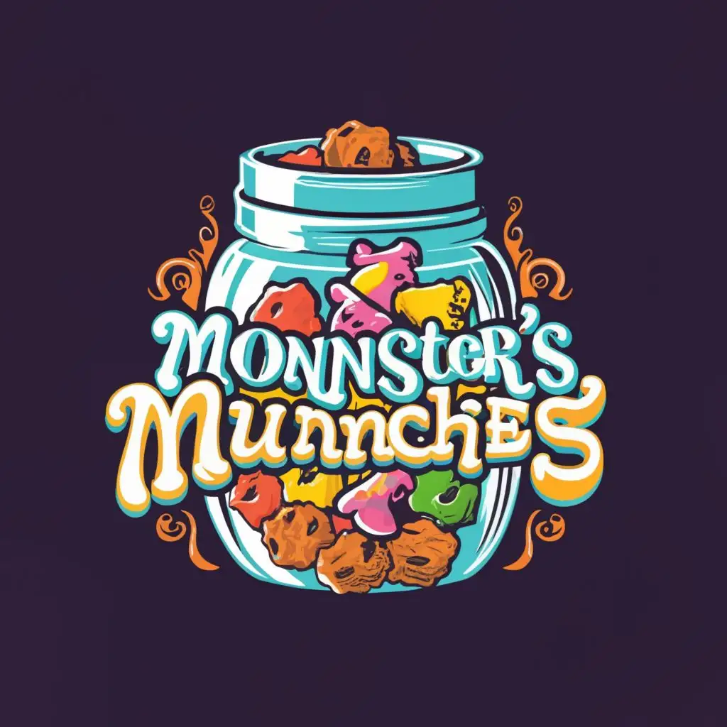 a logo design,with the text "Monnster's Munnchies", main symbol: Illustrate a large glass jar overflowing with treats like cookies and candy. The text curves playfully around the jar in a colorful blue, green, orange font in a black background.,Moderate,clear background