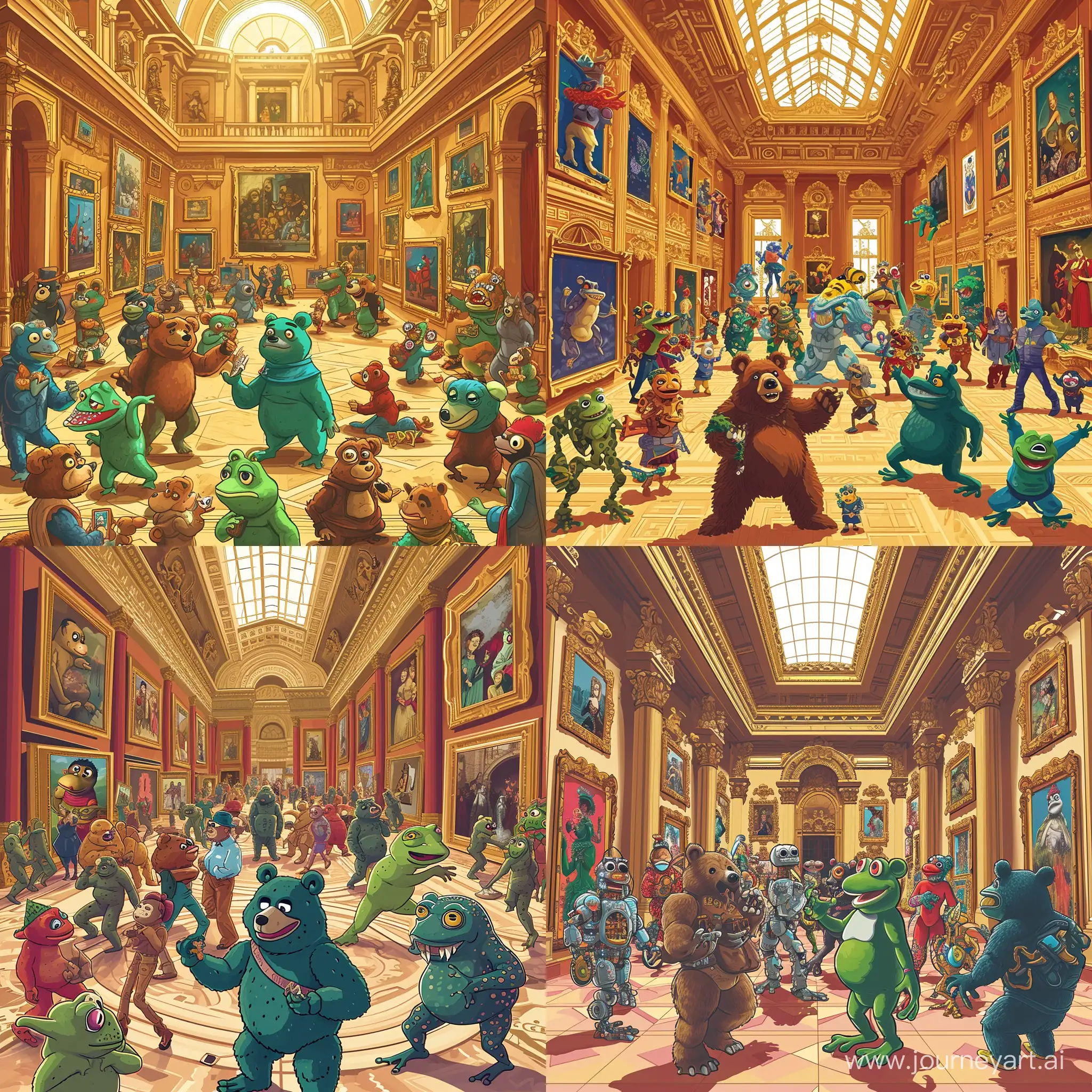 "Create an intricate and vibrant illustration of a grand art gallery filled with a wide array of bear and pepe frog characters and artworks. Each character should be unique and whimsical, inspired by various elements of pop culture and internet memes. The gallery is richly decorated with golden frames, each displaying imaginative and colorful pieces of art that defy conventional themes. The characters are engaging with the art and each other in exaggerated and comical ways, some posing while others interact playfully. The setting is opulent with high ceilings and classical architecture, but the atmosphere is one of quirky, irreverent fun. The overall tone is playful and should blend elements of classical art with modern internet culture in a harmonious and visually stimulating composition."





