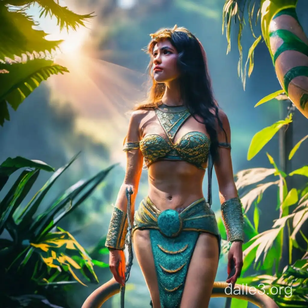 Luminous Studio graphics engine, fantasy, ancient Japan, Lamia, standing full length on her tail, beautiful girl, beautiful face, priestess of the cult of the mythological snake people, with a human body and a snake tail instead of legs, jungle background, sunbeam from above, Epic, in the style of Conan the Barbarian model of ultra-high quality , clean detailed face, complex clothing, analog colors, glowing shadows, depth of field, high quality, high detail, high resolution,