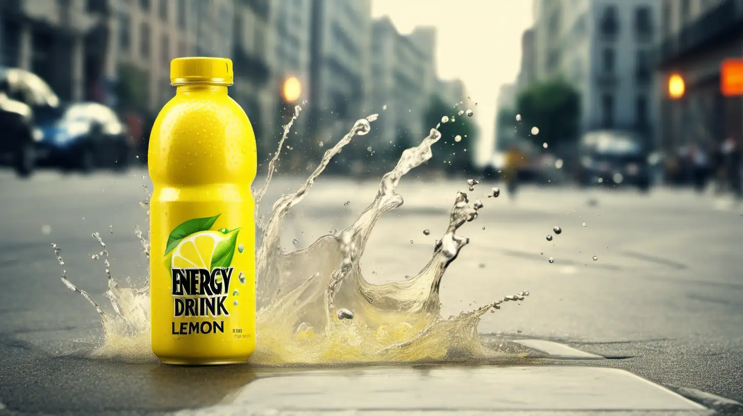 energy drink lemon bottle, rectangular container with a lot of large big splash, on a street and city.