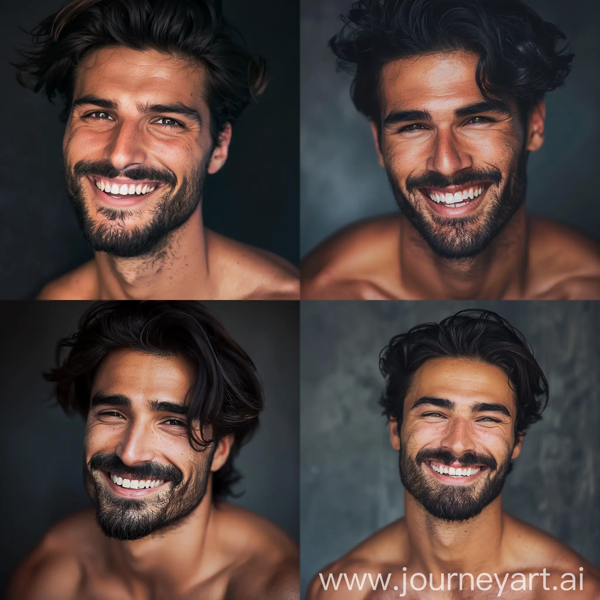  attractive muscular man with dark hair , nice beard, beautiful smile, in the style of intense, strong facial expression, zeiss batis 18mm f/2.8, unpredictable, pretty, composed, fantasy-based