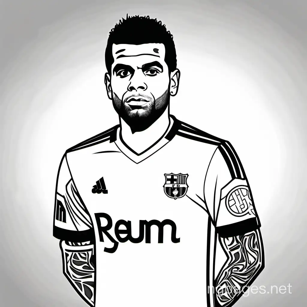 Dani Alves football coloring page Barcelona, Coloring Page, black and white, line art, white background, Simplicity, Ample White Space. The background of the coloring page is plain white to make it easy for young children to color within the lines. The outlines of all the subjects are easy to distinguish, making it simple for kids to color without too much difficulty