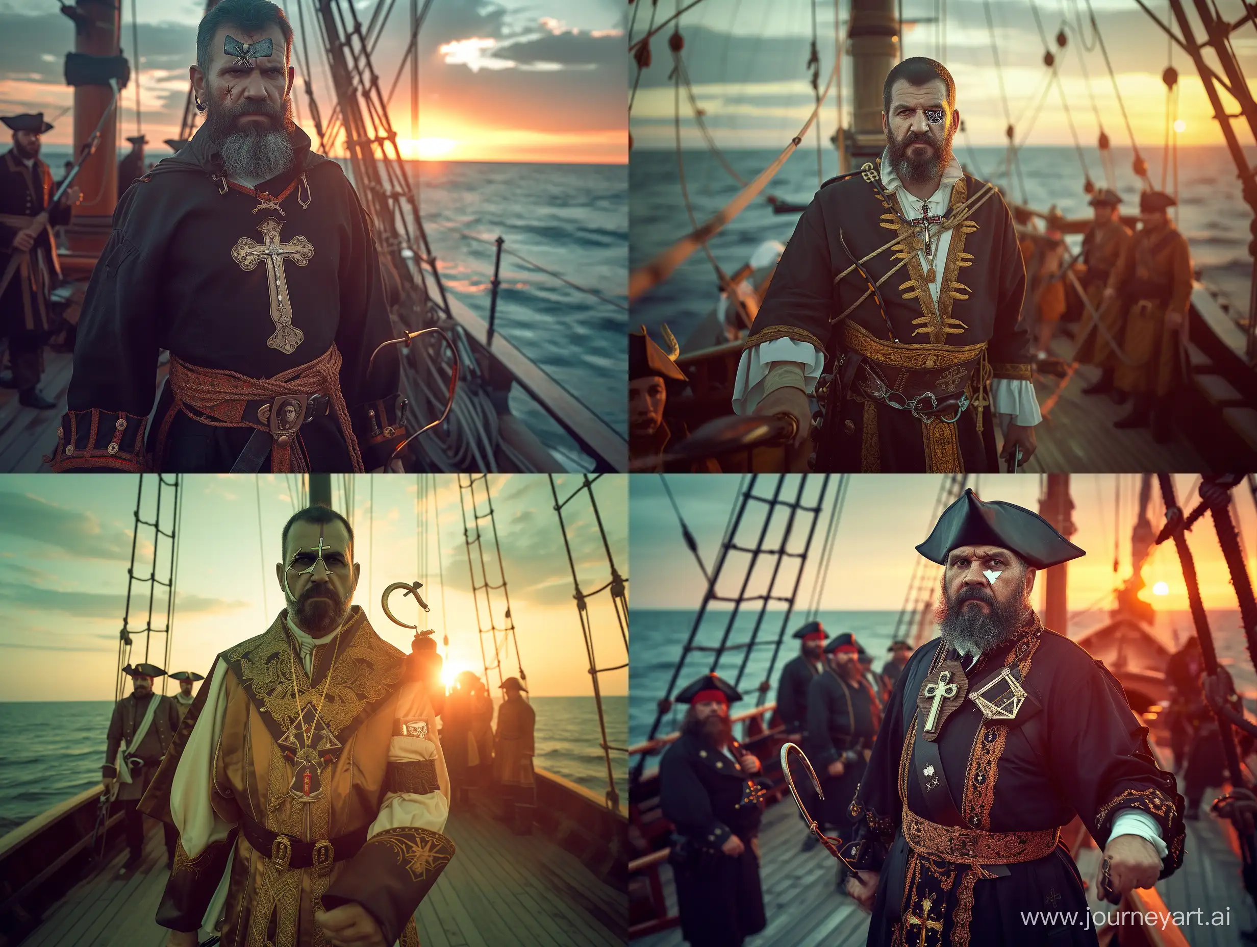 an Orthodox priest with a cross on his chest is the captain of a pirate ship, he stands on the deck of the ship black pearl, he has a hook arm, a bandage on his left eye, a sword in his right hand and a pirate hat, sunset in the ocean, his team of 26 pirates can be seen behind him. The waist-high angle of the photo was taken with a film camera. The image is of photorealistic quality. The deck of the ship and the mast are visible from behind