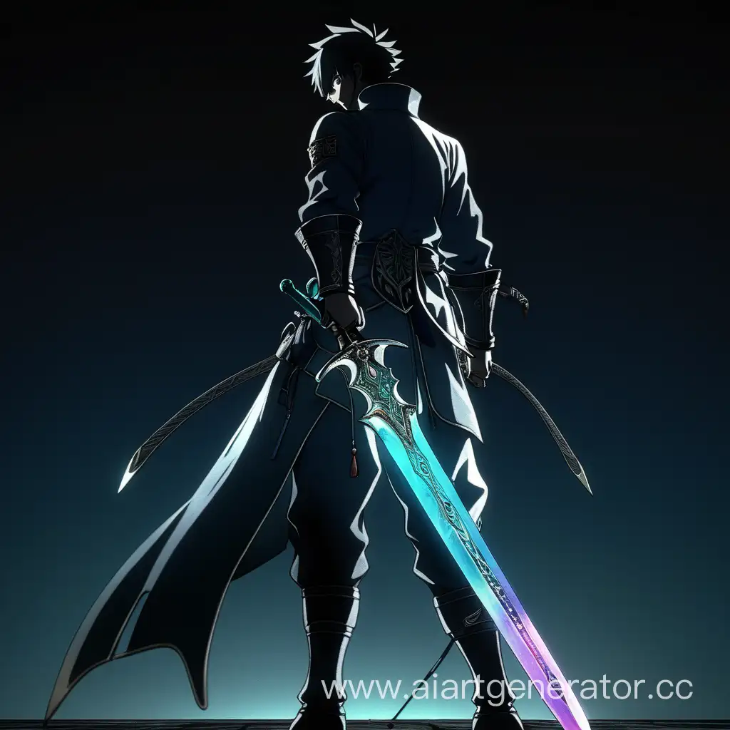 Персонаж из Аниме стоит спиной в темноте, его лицо скрыто во тьме, а на спине висит большой, широкий, радужно переливающейся меч