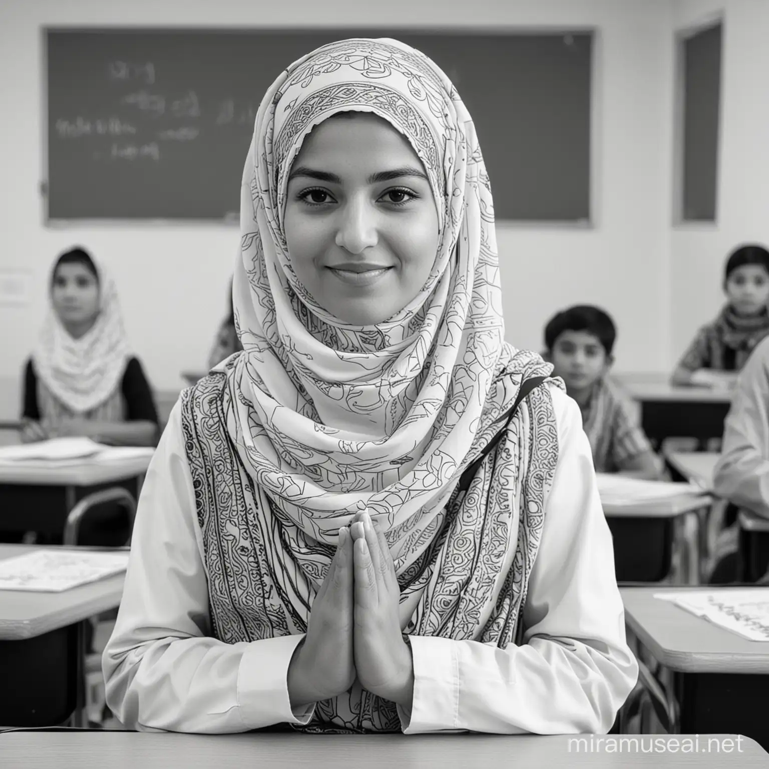 Moslem Woman Teacher Leading Elementary School Class with Common Uniform Kids