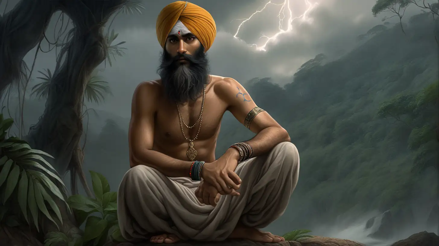 Sikh in tattered clothes, all hair tucked in turban (no hair showing), no bindi (head markings, long beard, no skin showing, no tattoos, more serenity, surrounded by harsh jungle, dark, gloomy, lightening strikes in the background, he is looking up to the skies, pleading for intervention, his face can not be seen, with peace and solace, yet yearning, down on his knees, looking up to the sky chiaroscuro enhancing the intricate details, in a digital Rendering “v6”