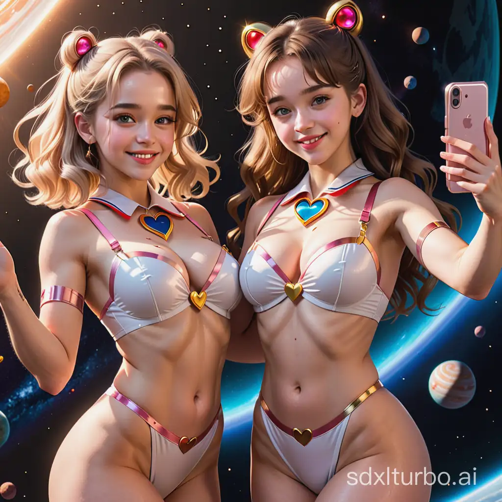 Two busty gyaru Emilia Clarke and Sydney Sweeney in the style of Sailor Moon,underboob,taking a selfie in outer space,a heart gesture,the universe around,planets and many stars circling,asteroid rain and a parade of planets,a huge sun on the horizon,strong hairblowing wind,perfect beautiful face,hq eyes,plump lips,shy smiling,flat stomach,slender hips,perfect body,slim hips,style raw,masterpiece 1:2,extremely detailed cg,sun shafts,ray-tracing,32k.