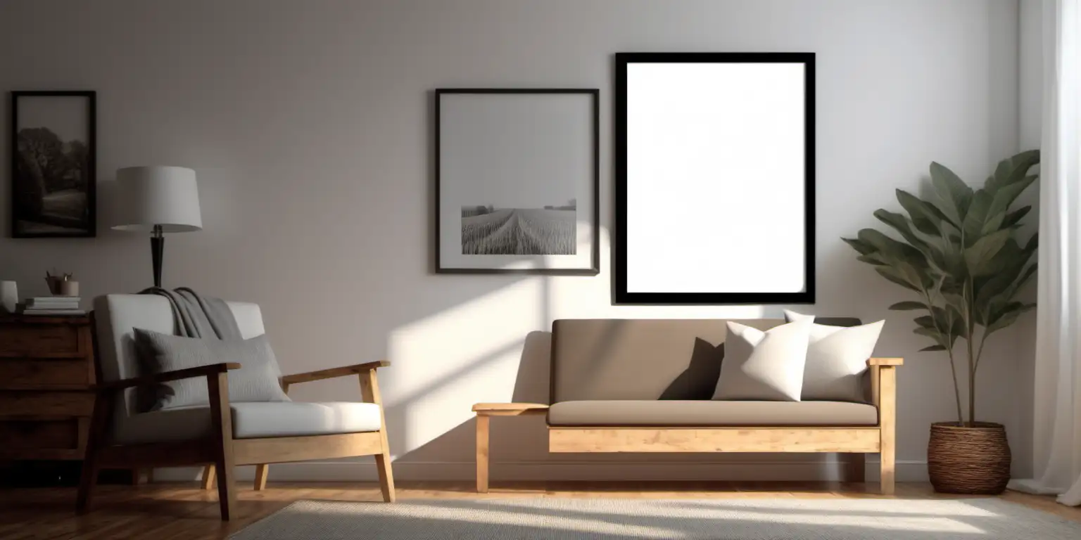wooden poster white blank frame mockup, reflection, shadow overlay, cozy living room, farmhouse stlyle, warm room, 4K, exclude random objects,