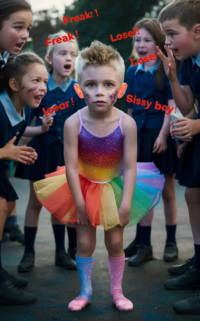 Gender role-reversal, Photograph of a Cute little boy age 6 with short smart blonde spiky hair shaved on the sides, he is getting bullied by the other schoolchildren on the playground for coming to school in a sparkly rainbow-coloured ballerina dress and socks and face-paint, adorable, perfect children faces, perfect faces, clear faces, perfect eyes, perfect noses, smooth skin, photograph style, the photograph is captioned “‘Freak!’ ‘Loser!’ ‘Sissy boy!’”