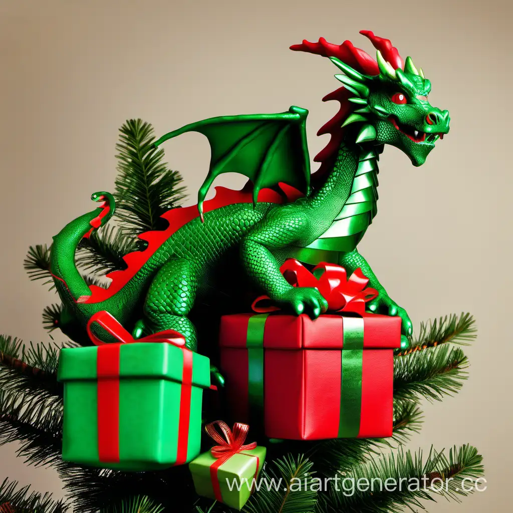 Enchanting-RedGreen-Dragon-Perched-on-a-Festive-Tree-with-GreenWrapped-Gifts