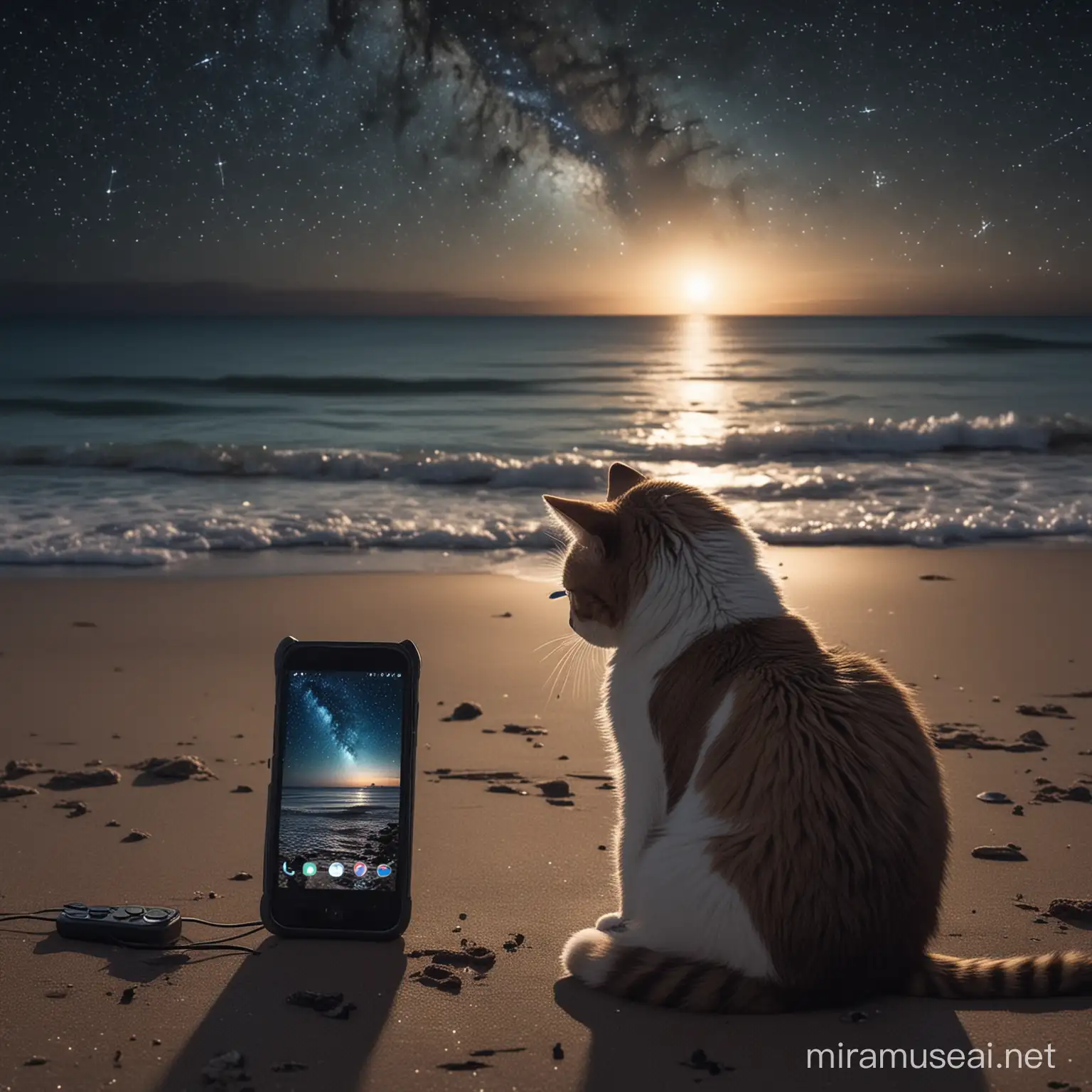 really sad cat staring at a celphone at the beach, at midnight with stars in the sky