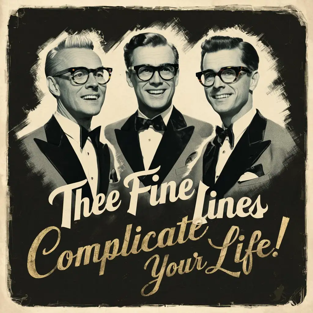 1940s album cover three different 40 year old male band members in glasses, words "Thee Fine Lines" words "complicate your life!" at bottom, faded, abstract, black and white and one color