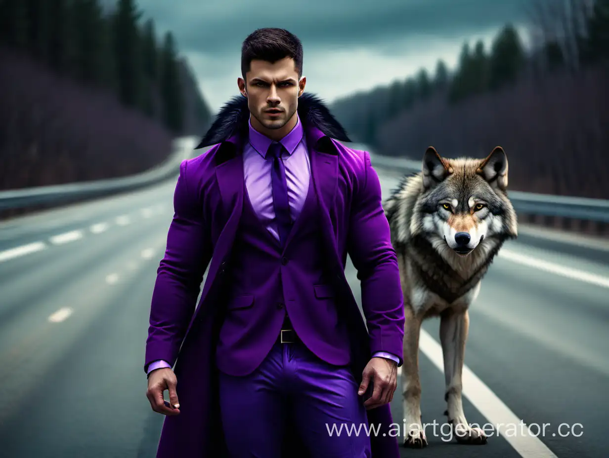 Мускулистый парень фиолетовом полушубке с воротником стоит на автостраде и рядом с ним волк. 