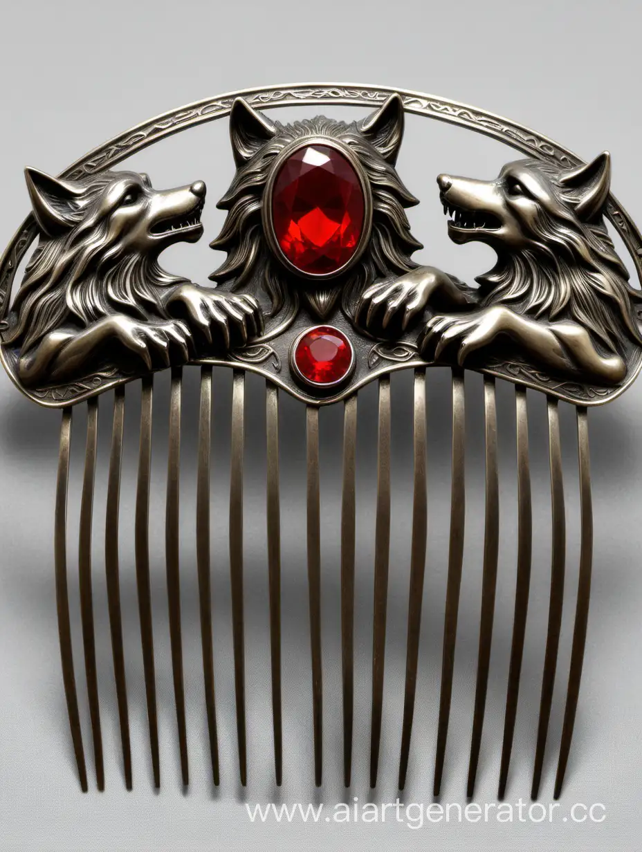 Wolves-Relief-Metal-Hair-Comb-with-Red-Stone