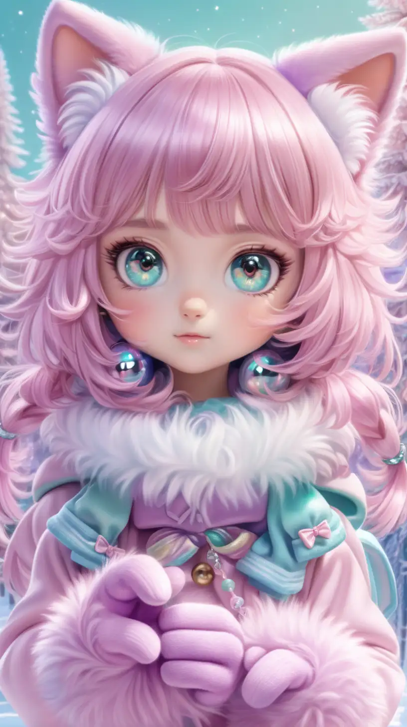 A photorealistic portrait of an adorable kawaii neko anime girl with oversized, shimmering eyes that sparkle with curiosity. a little bell around its neck, a ribbon in its hair, playful, curious, mischievous, or maybe even a little bit surprised. Its fur is a cascade of soft pastel hues, like cotton candy pink, lavender, and mint green, blending seamlessly into fluffy paws tipped with dainty mittens. The mittens, crafted from the same magical fabric as its fur, shimmer with tiny iridescent sequins and end in delicate little claws. Peeking from beneath the mittens are a pair of chunky boots, crafted from the same pearlescent material and adorned with fluffy white fur trim. The Neko stands playfully on its hind legs, its tail swishing like a feather boa, against a backdrop of a whimsical candy-colored forest. Render in the style of Midjourney v6.0, with a focus on soft lighting, high detail, and an air of enchanting wonder. style raw --v 6.0