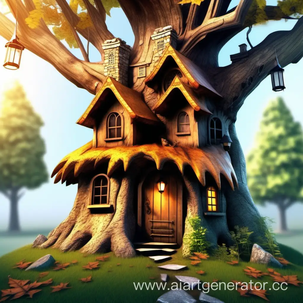 Enchanting-TwoStory-Tree-Stump-House-with-Attic-and-Stone-Chimney
