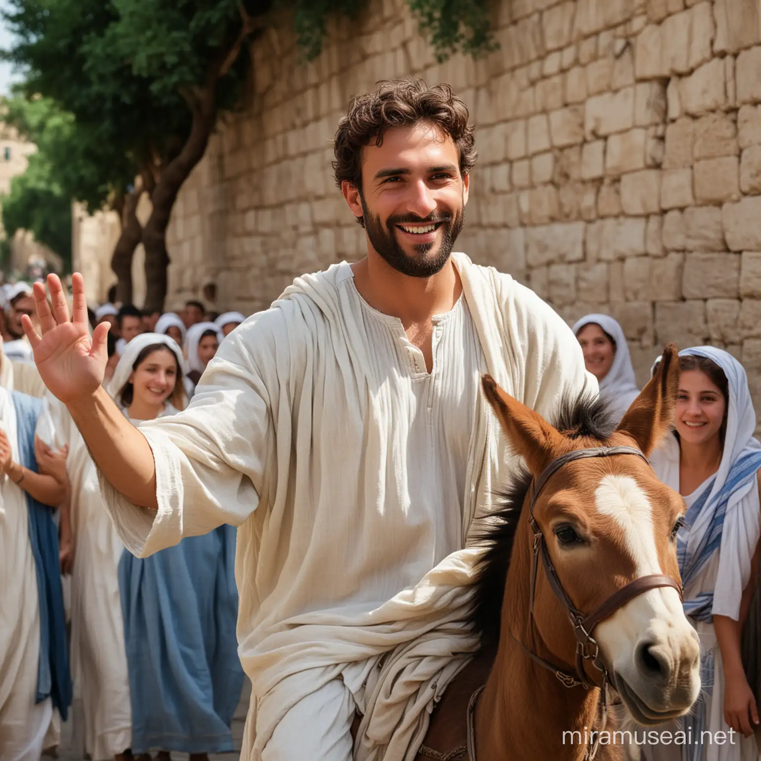 Jewish Man in White Tunic Riding Donkey through Ancient Jerusalem