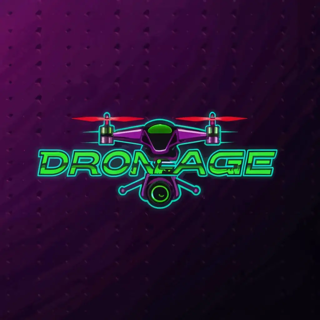 a logo design,with the text 'DroneAge', main symbol:FPV drone taking off from the side, neon style, JDM-like style, colors green, purple, dark background,Moderate,be used in Technology industry,clear background