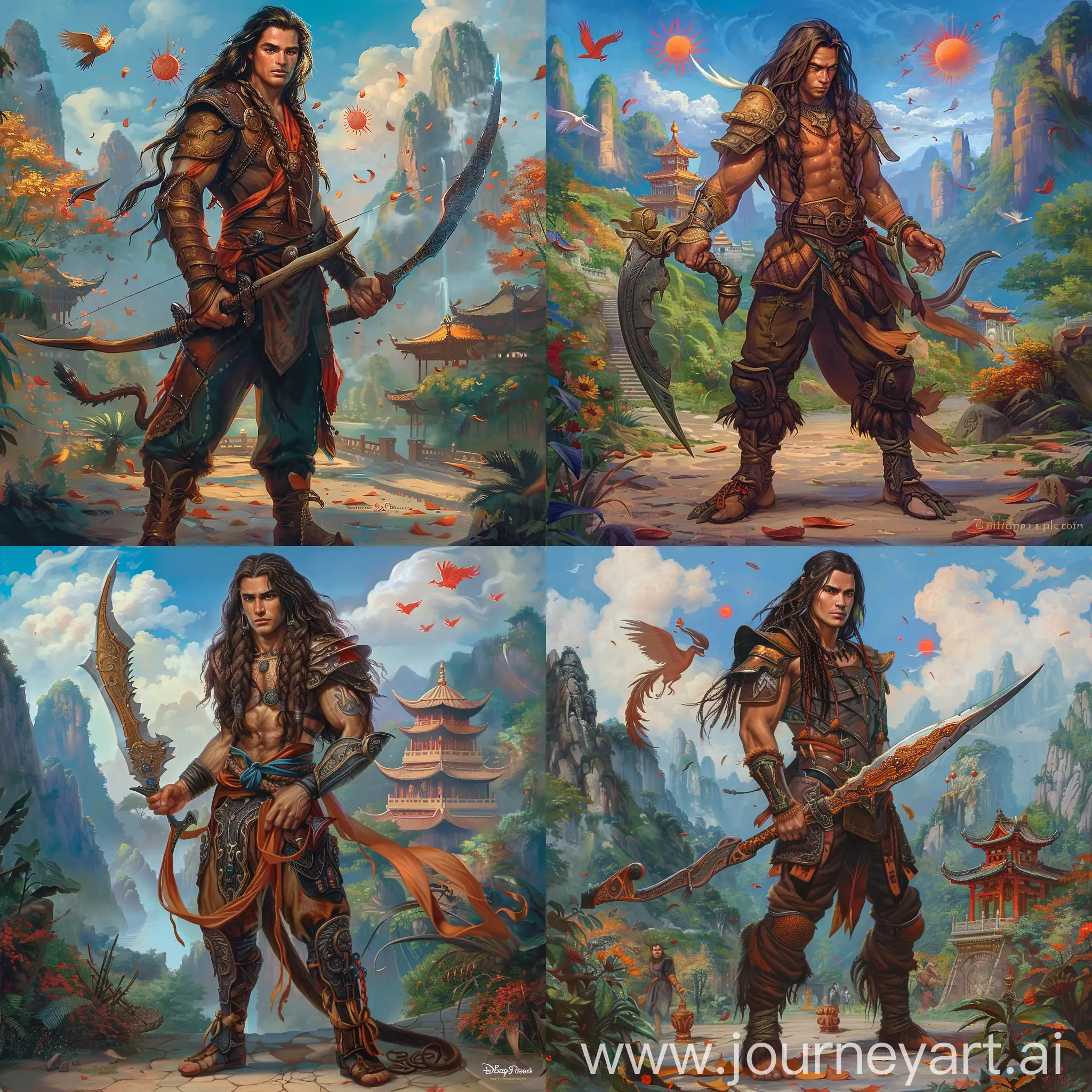 Historic painting style:

a Disney handsome European forest warrior Tarzan, he has long dark brown braid hair, he wears dark brown and dark orange colors Chinese prehistoric tropical armor and boots, he holds a  Chinese medieval style broadsword in hands,

Chinese Guilin mountains and temple as background, small phoenix and three small red suns in blue sky.