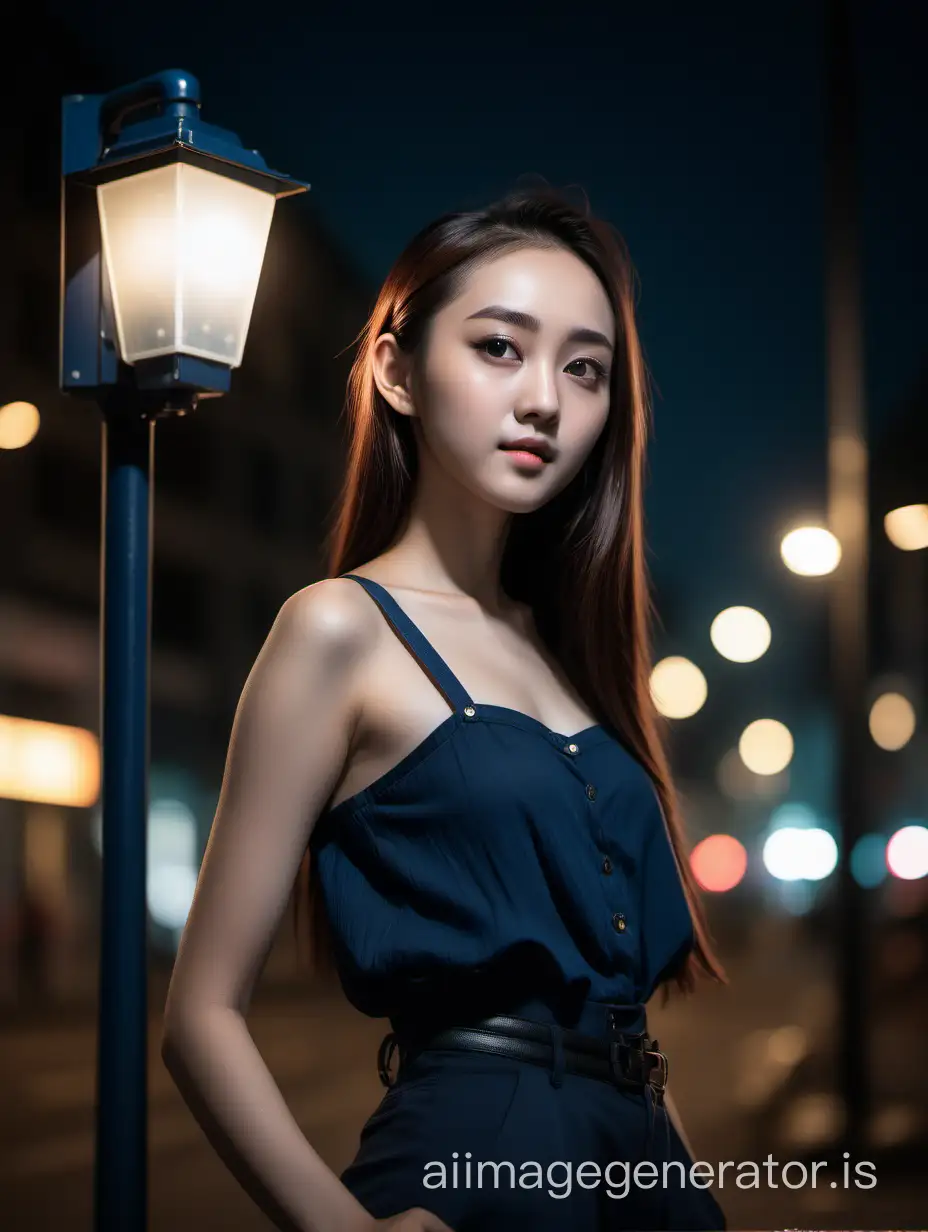 A pretty Asian girl posing by the street light, hands at her waist, looking at the viewer, shoulder hair, look-alike Dilraba Dilmurat, photorealistic, realism, highly detailed, best quality, raw photo, professional photography, masterpiece, beauty shot, depth of field, night shot, diffused lighting scenario, shot with Canon Eos R6, lens 50 mm f 1.4