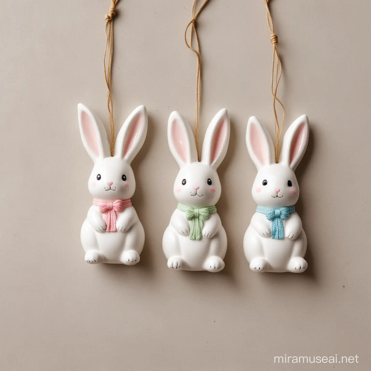 Easter Bunny Themed Ceramic Ornaments on White Background