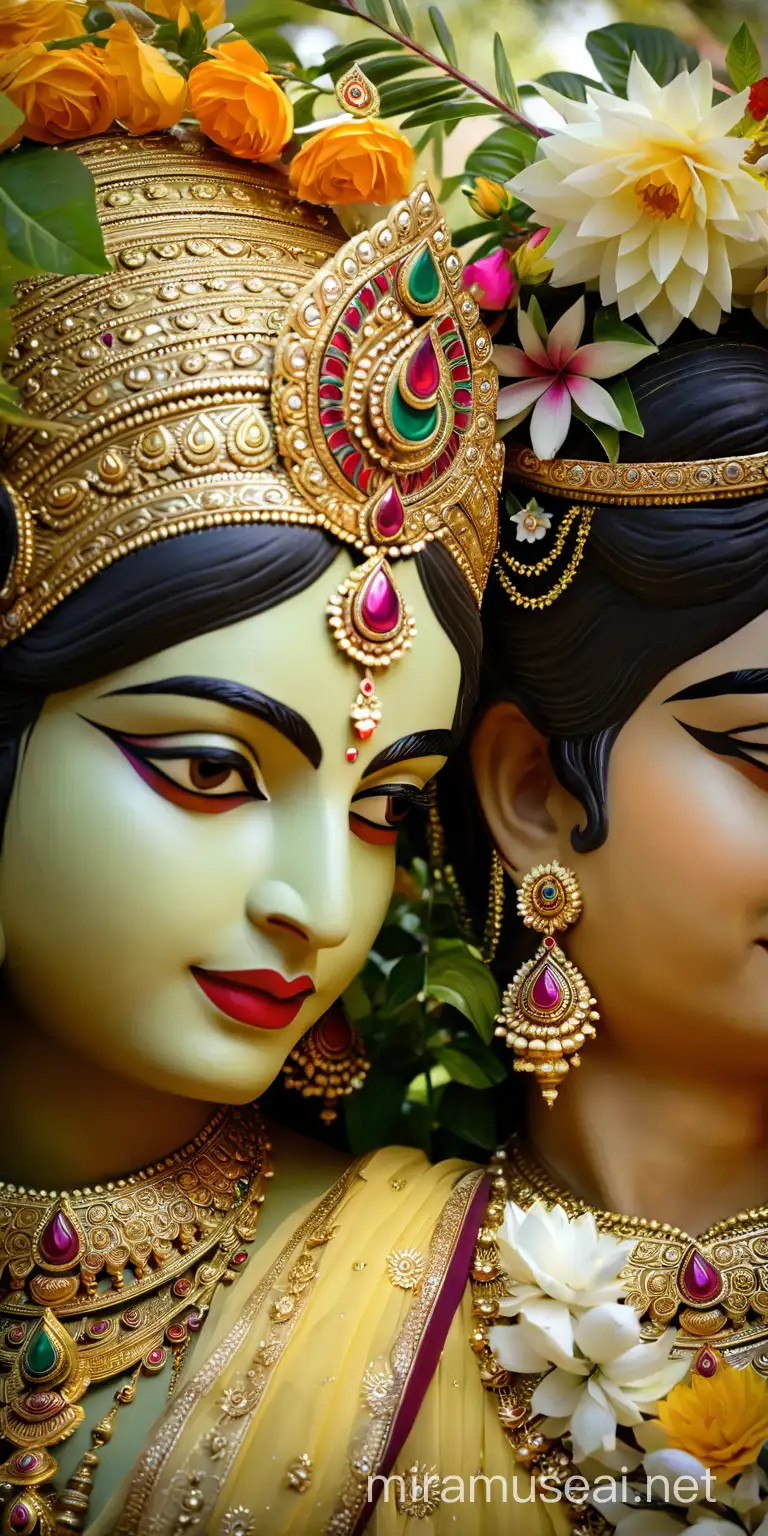 Divine Romance Sree Krishna and Radha Embrace Amidst Blooming Garden