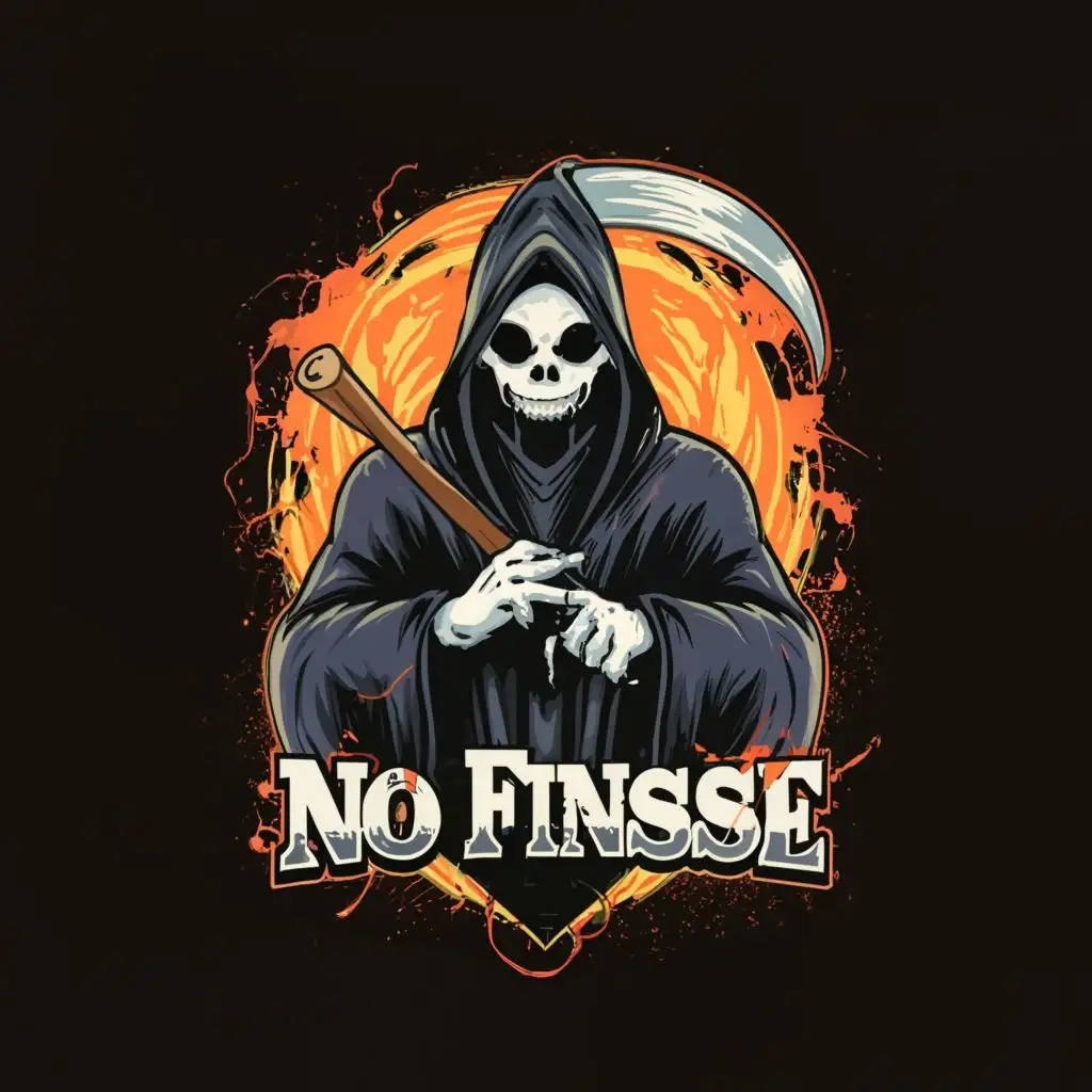 a logo design,with the text "No Finesse Required", main symbol:the grim reaper wearing an anonymous mask the same mask made famous by the international underground hacking group. paint splatters. smoke.,complex,be used in Entertainment industry,clear background
