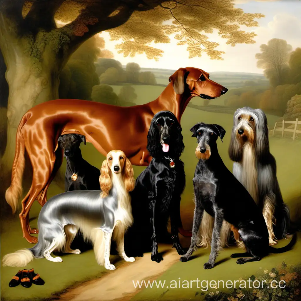 2 greyhounds noir,s 1 cocker spaniel roux, 2 petits Yorkshires terriers et un Irish wolfhound  , style Jacques Laurent Agasse dans une belle campagne anglaise 