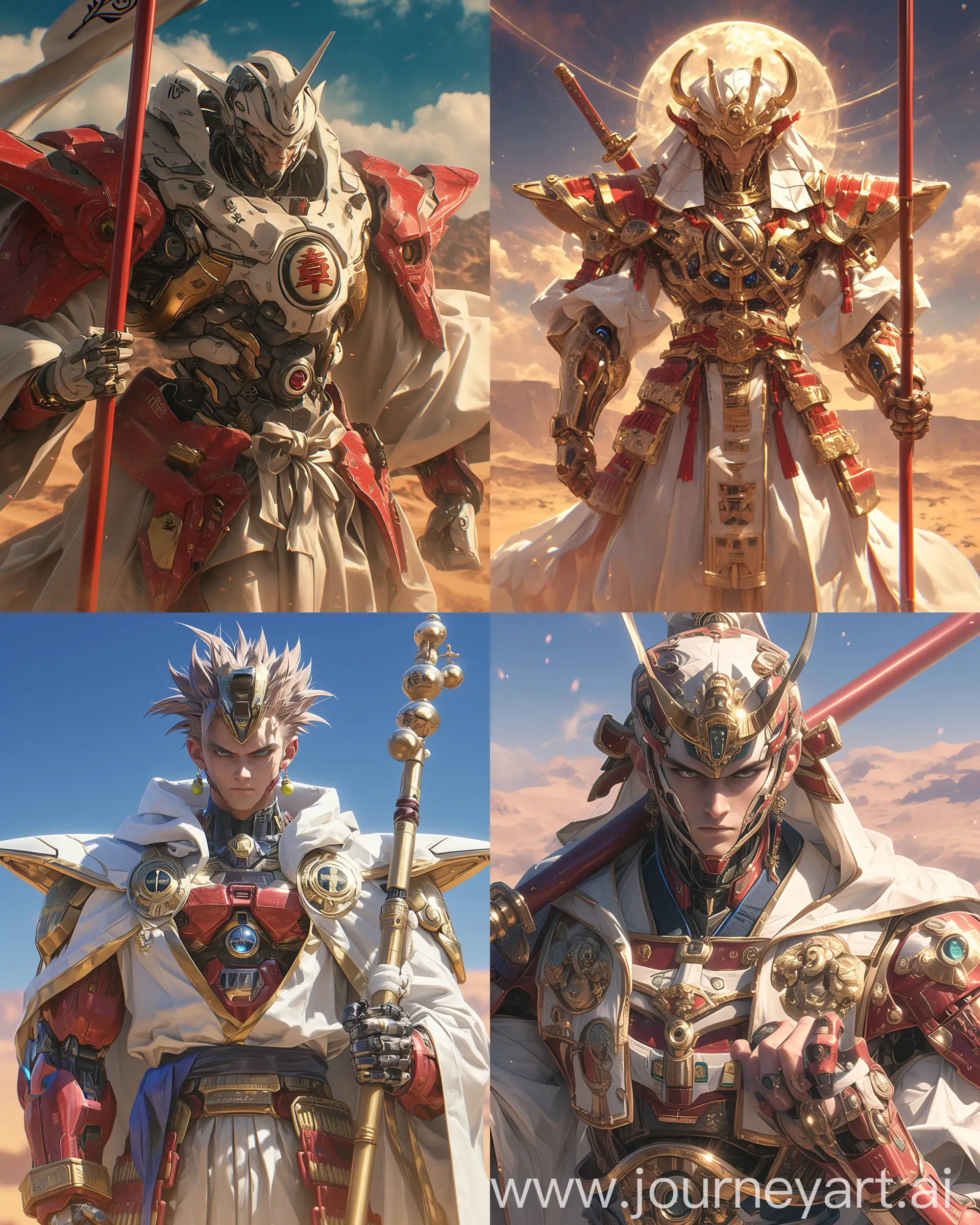 there is a rea; ancient Egyptian real man god Goku from dragon ball world in a white and gold high luxury samurai suit holding a sowrd ,Depth of field, powerful male samurai, inspired by Kanō Hōgai, samurai style, dressed in samurai armour, high-tech red armor, wearing techwear and armor, segmented armor and sashimono, very beautiful cyberpunk ancient Egyptian samurai, chinese armor, man in red armor, japanese warrior, desert background, wearing japanese techwear, he still goku from dragon ball world --niji 6 --ar 4:5 --s 750