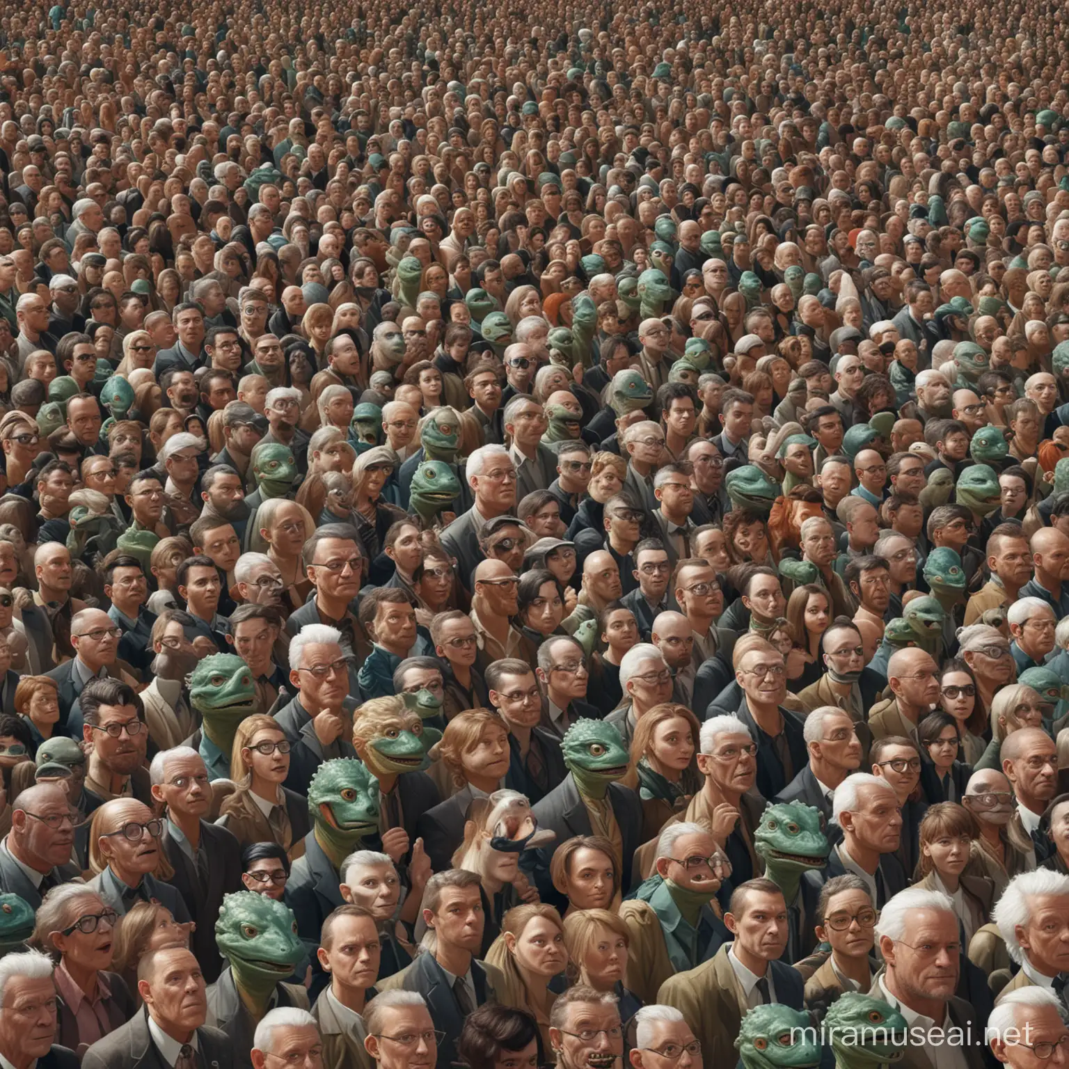 a photo of a large crowd of Humans with one single reptilian, in the style of cartoony characters, figurative colorist, 32k uhd, large-scale portraits, comiccore, flat, nostalgic scenes