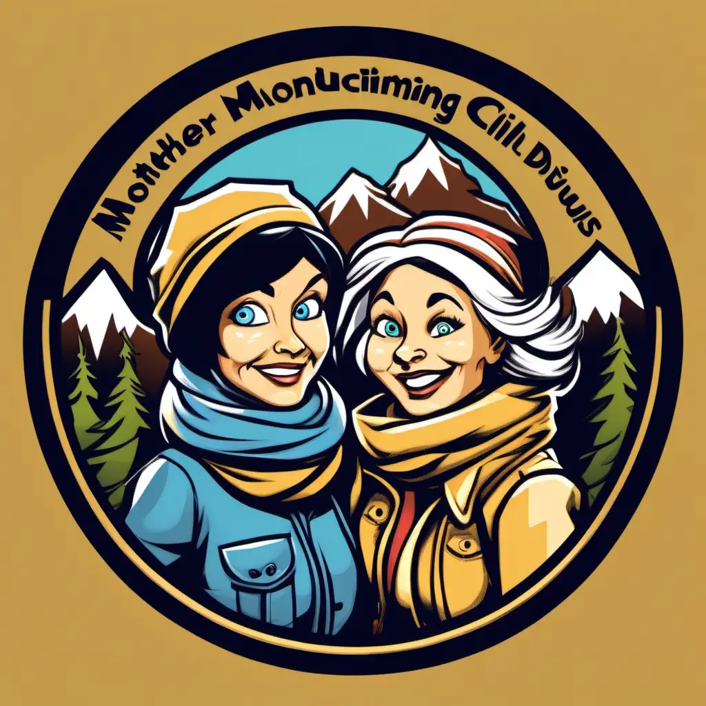 Elderly Mother and Daughter Mountain Climbers Adventurous Cartoon Logo for Merchandise